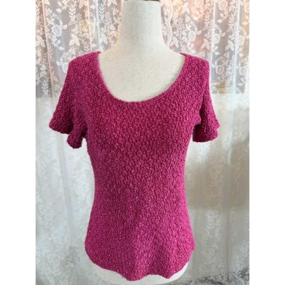 Nouveau-t's Magenta Pink Popcorn Knit Short Sleeve Scoop Neck Top Large USA Made